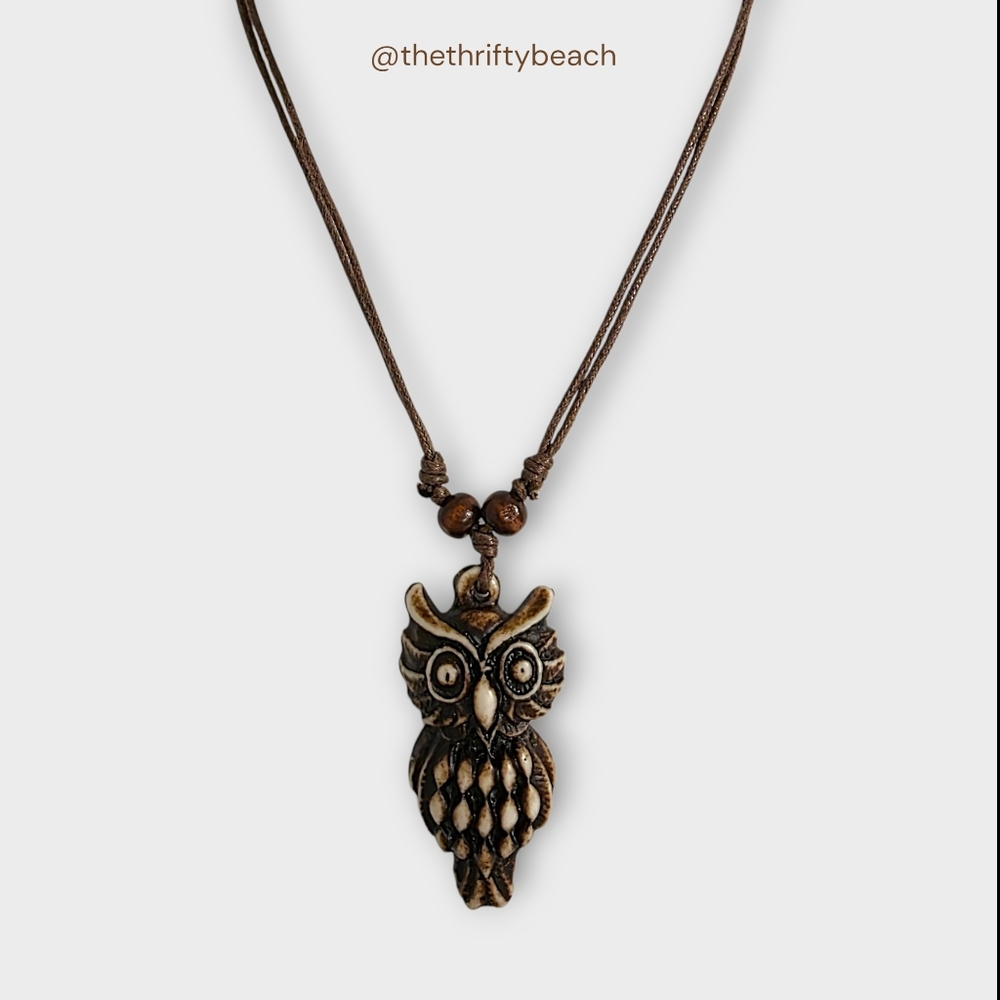 Bohemian Owl Talisman Necklace - Adjustable Cord with Wood Beads - NWT